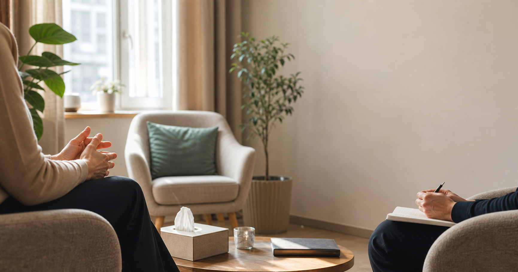 Spokojny gabinet terapeutyczny przygotowany do konsultacji psychotraumatologicznej